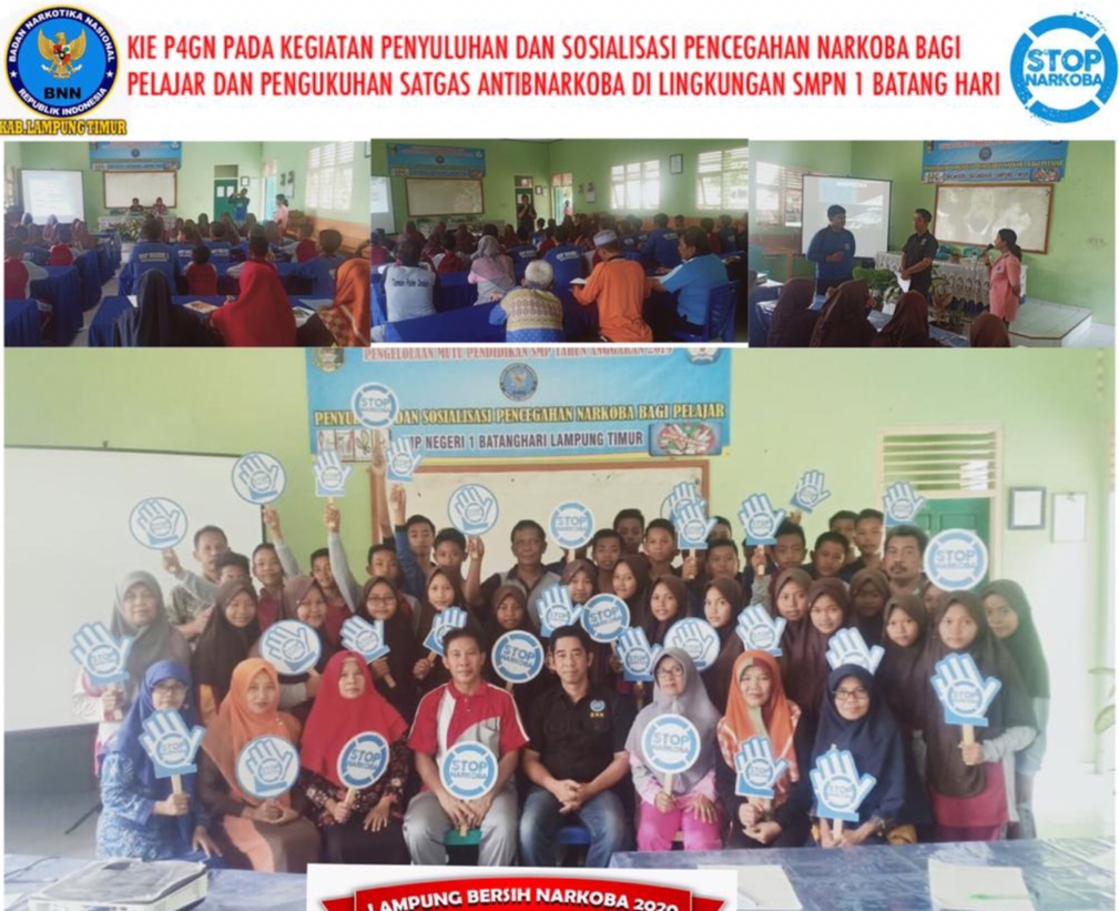 KIE P4GN PADA KEGIATAN PENYULUHAN DAN SOSIALISASI PENCEGAHAN NARKOBA BAGI PELAJAR DAN PENGUKUHAN SATGAS ANTI NARKOBA DI LINGKUNGAN SMPN 1 BATANGHARI
